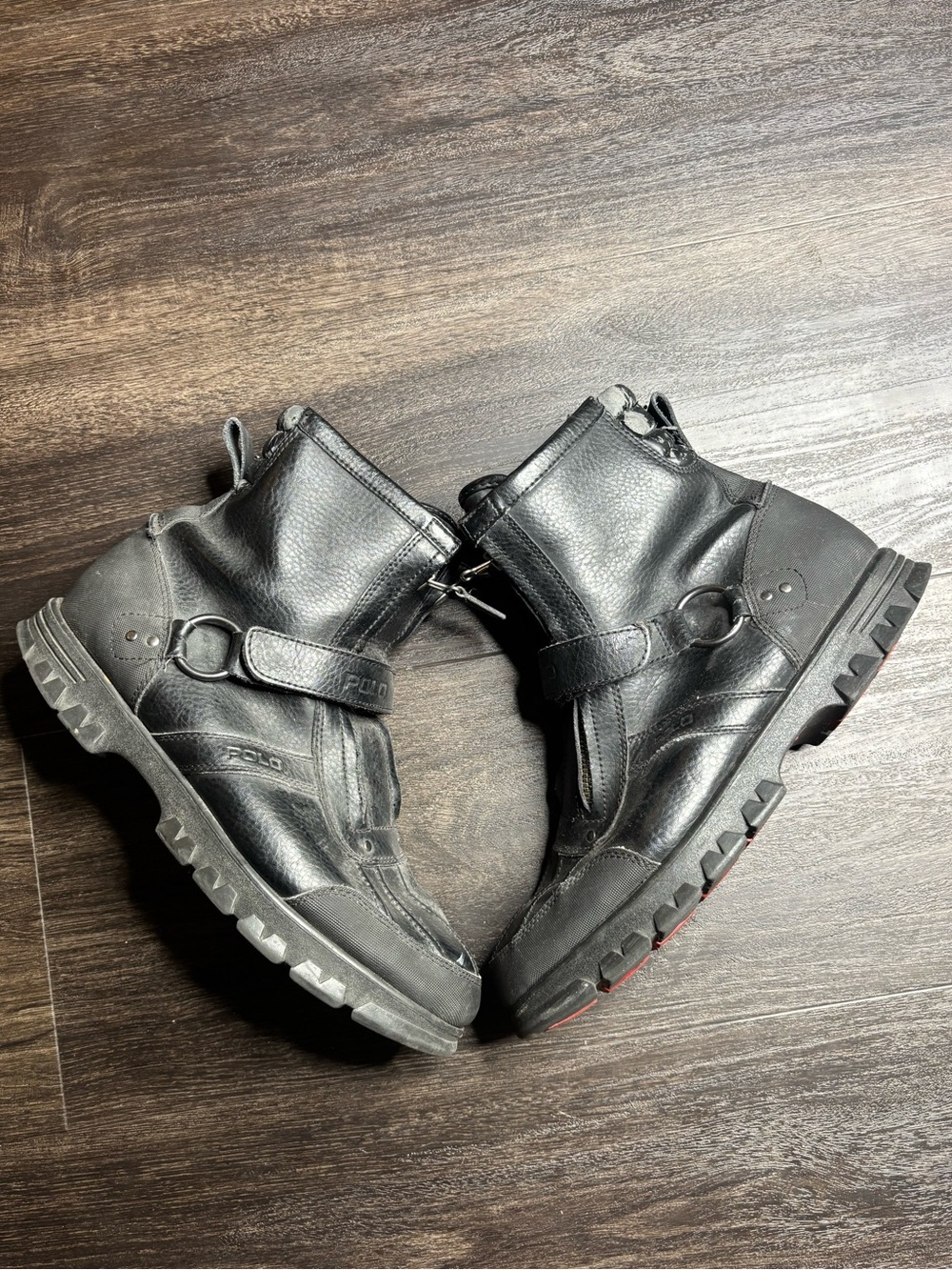 VINTAGE POLO Ralph Lauren Black Leather -Double Zip CONQUEST Hi ii Boots SZ 12D